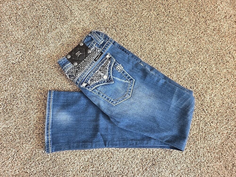 Miss Me Rhinestone Low Rise Bootcut Jeans Womans Sz 28 Y2K Mcbling Indie Sleaze